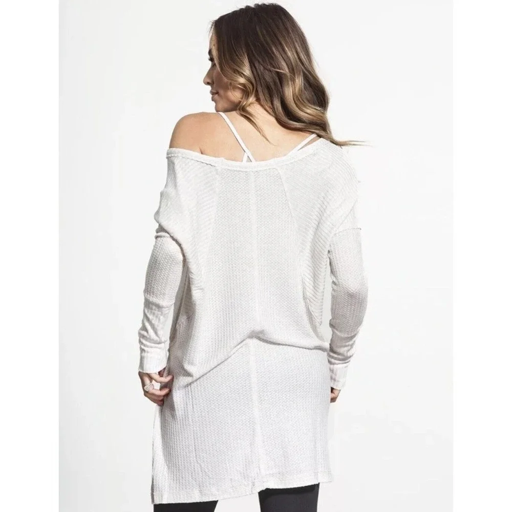 Free People‎ Sz S Ventura Pullover Beige Thermal Waffle Loose Cozy Soft Lounge